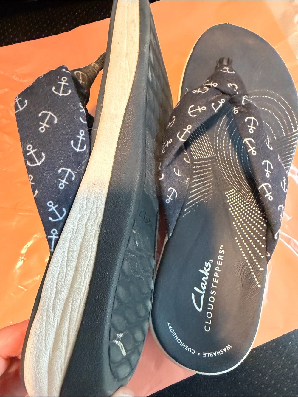 Clarks Blue Anchor Print Cloudsteppers Flip Flops - Picture 11 of 14